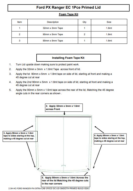 D-Max Isuzu 2012-2020 1P Ute Lid Foam Tape Replacement Sealing Kit For Fibreglass Lids with Carpet Underneath