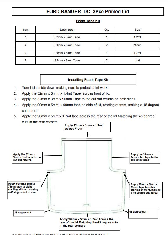 RG Colorado 3P Sports Bar Ute Lid Foam Tape Replacement Sealing Kit For Fibreglass Lids with Carpet Underneath