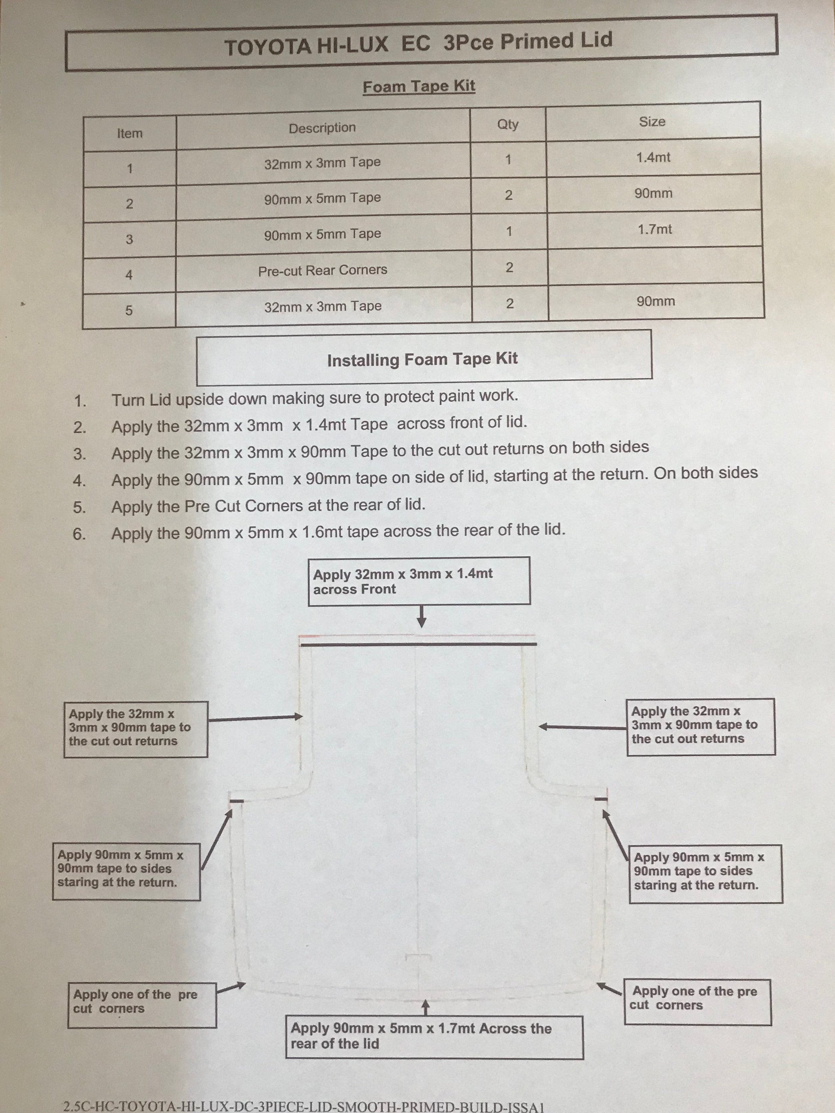 Toyota Hilux 2005-2015 Aftermarket Replacement 3P Sports Bar Ute Lid Foam Tape Replacement Kit For Fibreglass Lids with Carpet Underneath FK-2