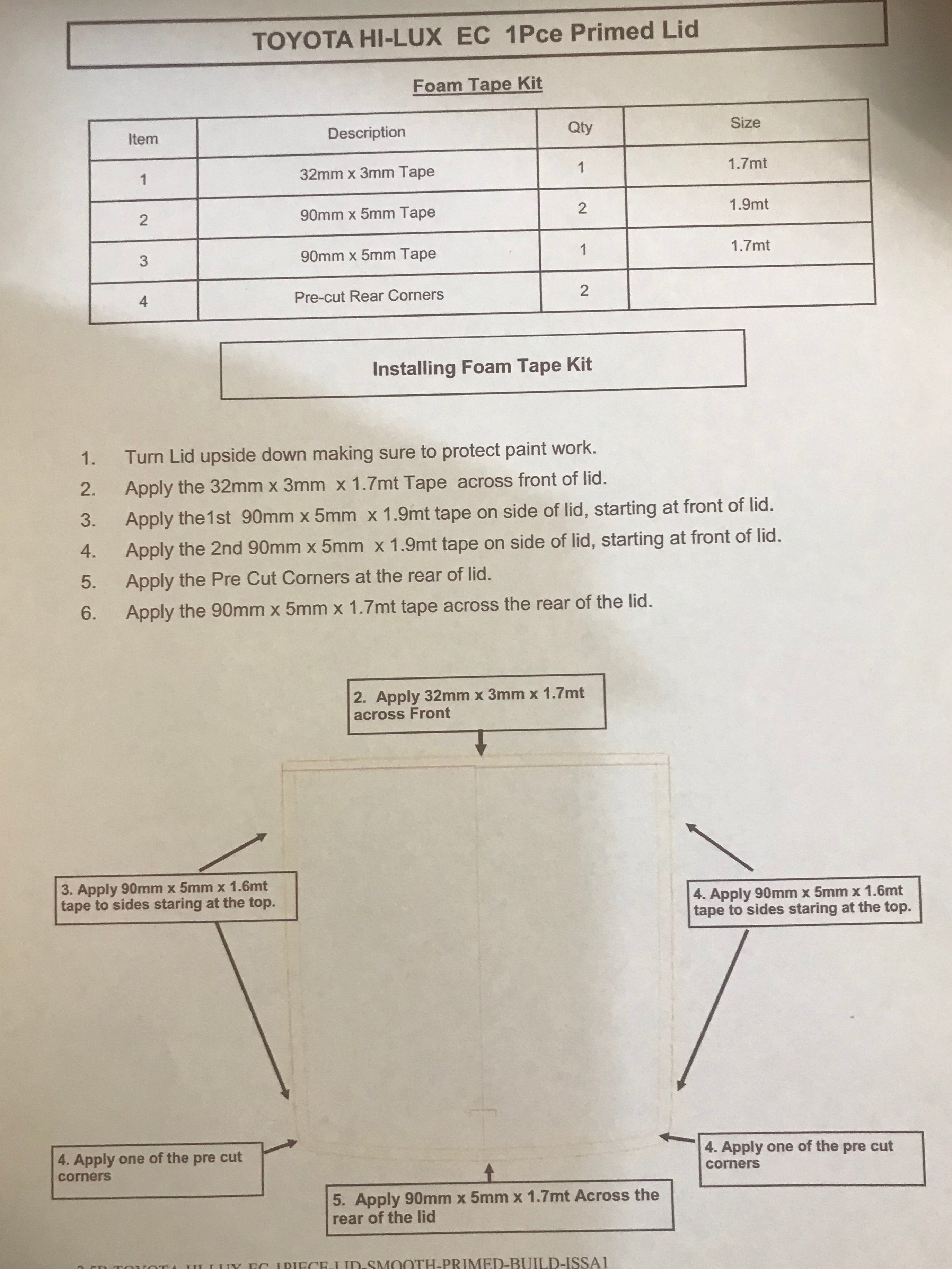 Toyota Hilux 2005-2015 Aftermarket Replacement 1P Ute Lid Foam Tape Replacement Sealing Kit For Fibreglass Lids with Carpet Underneath FK-1