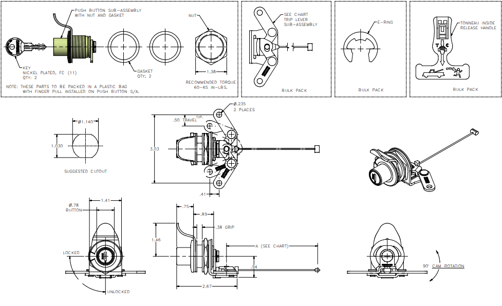 FG Ford Falcon Push Button Ute Lid Lock EGR Plastic Lids SET-B with Cast Swivel Central Locking Ball